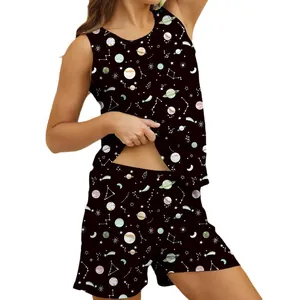Close-up view of space print pajama set for women with sleeveless top and shorts