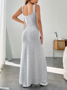 Back view of a grey ribbed sleeveless maxi dress with a slim-fit silhouette for women