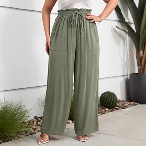 Plus size sage green wide-leg casual pants with comfortable elastic drawstring waist