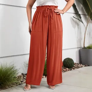 High-waisted terracotta plus size wide-leg casual pants with drawstring and pockets