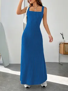Modern slim-fit ribbed knit blue maxi dress with elegant square neck and sleeveless design