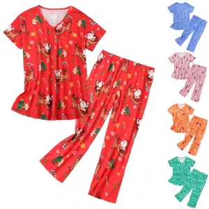 Γυναικείο Τυπωτό Σετ Πυτζάμας Top And Bottom Loungewear με Κοντό Μανίκι και Λαιμό V Θέμα Χριστούγεννα Halloween Γάτα Διάστημα