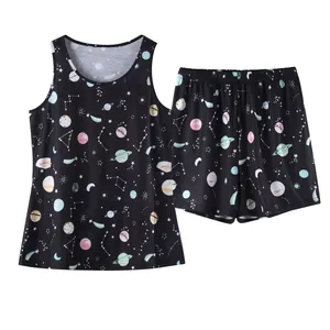 Detailed view of women's two-piece black pajama set featuring celestial planet prints