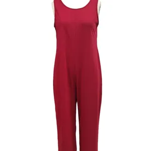 Sleeveless solid red wide-leg jumpsuit with a loose fit for casual summer wear