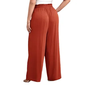 High waist plus size rust orange wide-leg casual pants for women, elastic waistband