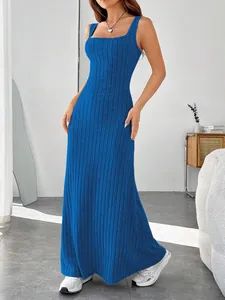 Detailed view of a blue rib-knit slim strap maxi dress showing fabric texture and fit