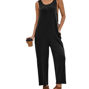Summer casual sleeveless wide-leg jumpsuit in solid black with side pockets for women