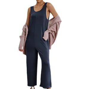 Summer sleeveless loose wide-leg jumpsuit for women in solid navy blue with a comfy fit