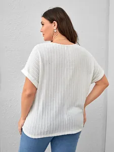 Detailed back view of a stylish white plus-size textured cable-knit short-sleeve T-shirt