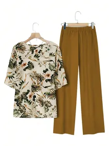 Tropical floral print short sleeve top and solid brown wide-leg pants casual set for women