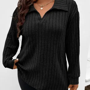 Women's plus size black V-neck long sleeve ribbed polo top with soft brushed texture
