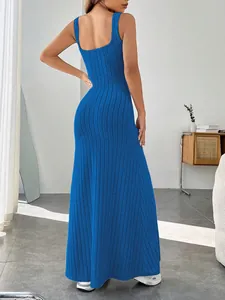 Back view of blue sleeveless ribbed knit maxi dress showing slim fit silhouette