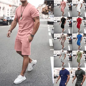 Men's Sports Casual Set Polyester Round Neck Short Sleeve T-Shirt And Drawstring Shorts Two Piece Summer Athletic Tracksuit