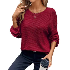 Stylish burgundy waffle knit long sleeve round neck sweater with loose batwing sleeves for women