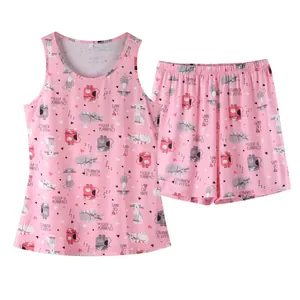 Detailed view of pink cat print pajama set with sleeveless top and matching shorts