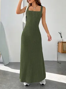 Detailed view of the olive green ribbed texture on this slim fit sleeveless maxi dress
