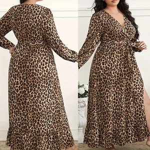 Front and back view of a trendy leopard print long sleeve maxi dress with side slit