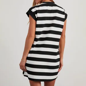 Back view of a casual black and white striped mini dress for women featuring cap sleeves.