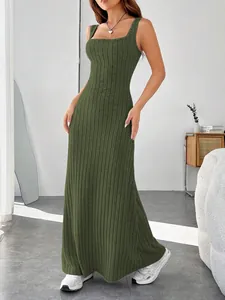 Elegant olive green ribbed knit camisole maxi dress featuring a slim fit and casual style