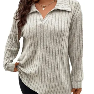 Women's stylish grey ribbed brushed long sleeve polo top with comfortable v-neck collar design