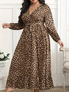 Full-length leopard print long sleeve maxi dress with elegant V-neck and waist tie detail