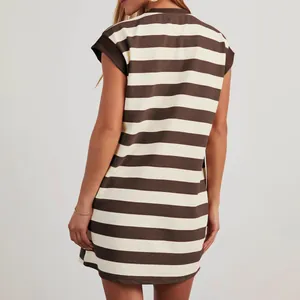 Detailed back view of a women's brown and white horizontal striped sleeveless casual t-shirt dress