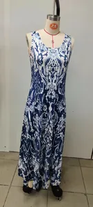Front view of a blue and white floral sleeveless maxi dress on a white mannequin