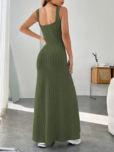 Back view of a sleeveless olive green ribbed slim-fit maxi dress for women.