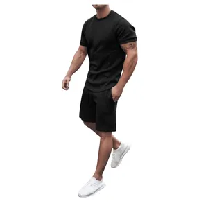 Men's athletic casual two-piece set with black t-shirt and matching shorts for summer