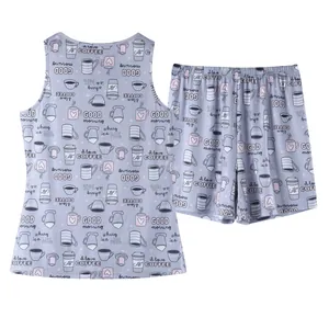Detailed view of women's sleeveless coffee print pajama set with matching shorts