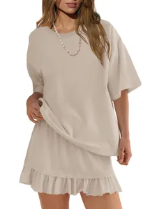 Women's two-piece beige casual short sleeve t-shirt and ruffled skirt fashion set