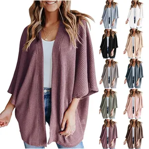 Femme Cardigan en Tricot Gaufre Ouvert Devant Coupe Ample Manches Trois-Quarts Couleur Unie Décontracté Pull Top