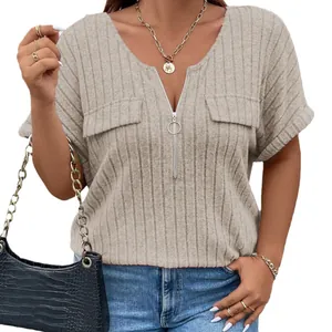 Camiseta casual de manga corta para mujer con cuello en V con cremallera y punto