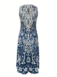 Back view detail of vintage damask print sleeveless midi dress for women.
