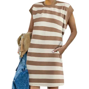 Casual brown and white striped sleeveless mini dress for women with functional side pockets