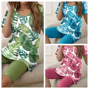 Ensemble Deux Pièces Décontracté pour Femmes Grandes Tailles T-Shirt à Manches Courtes Imprimé Floral Tropical et Short Cycliste Top And Bottom