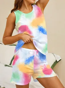 Detailed view of colorful paint splash print on women's pajama tank and shorts set