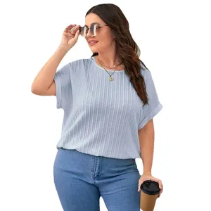 Elegant plus size light blue textured short sleeve T-shirt for women stylish summer outfit