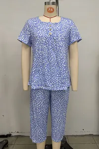 Comfortable blue floral women's short sleeve pajama set with buttoned round neck