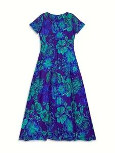 Elegant floral print maxi dress featuring vibrant teal flowers on a deep purple base.