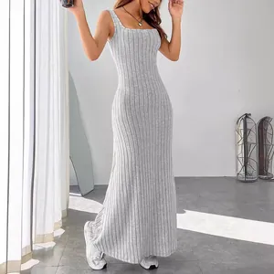 Elegant grey ribbed slim fit square neck sleeveless maxi dress for women in casual style