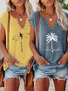Stylish casual women's V-neck short sleeve t-shirts with palm tree and dragonfly prints