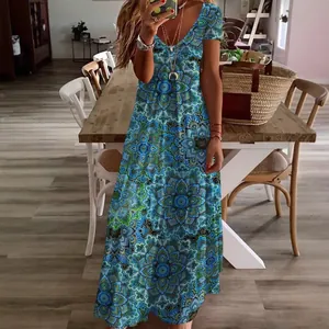 Damen Kurzarm V-Ausschnitt Mandala Druck Maxikleid Sommer Patchwork Bedruckt Böhmisches A-Linien Party Lässiges Kleid Top And Bottom