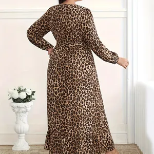 Elegant 2025 spring leopard print long-sleeved maxi dress with ruffled hem detail