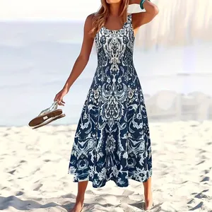 Women's Sleeveless Floral Printed Midi Dress Polyester Spandex U-Neck High Waist A-Line Tank Dress Bohemian Beach Fashion Navy Blue Summer Sun Dress