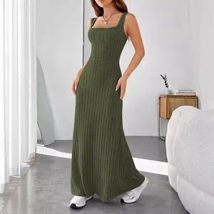 Elegant green ribbed maxi tank dress for women featuring a slimming fit and square neck