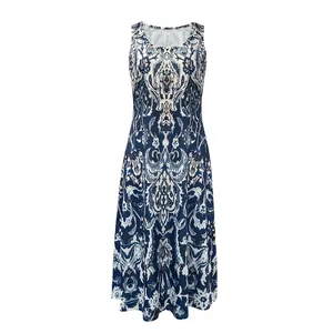 Elegant sleeveless summer midi dress featuring a blue and white boho floral print pattern.