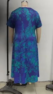 Back view of a casual plus-size summer maxi dress featuring teal floral prints on purple