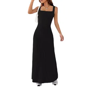 Elegant black sleeveless square neck ribbed knit maxi dress for women's summer fashion