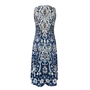 Elegant bohemian style blue and white paisley print sleeveless summer dress back view